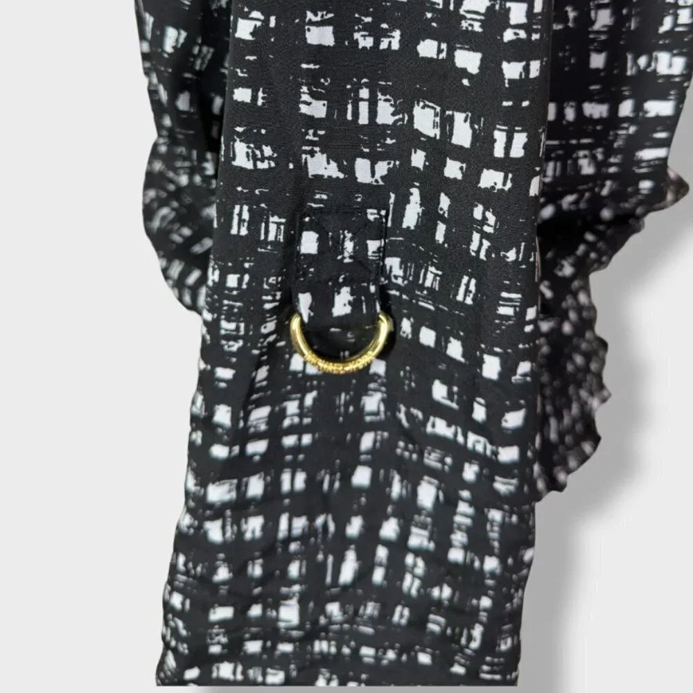 MICHAEL Kors Black and White Smocked Waist Roll Tab Blouse with gold Size Small - Picture 5 of 8